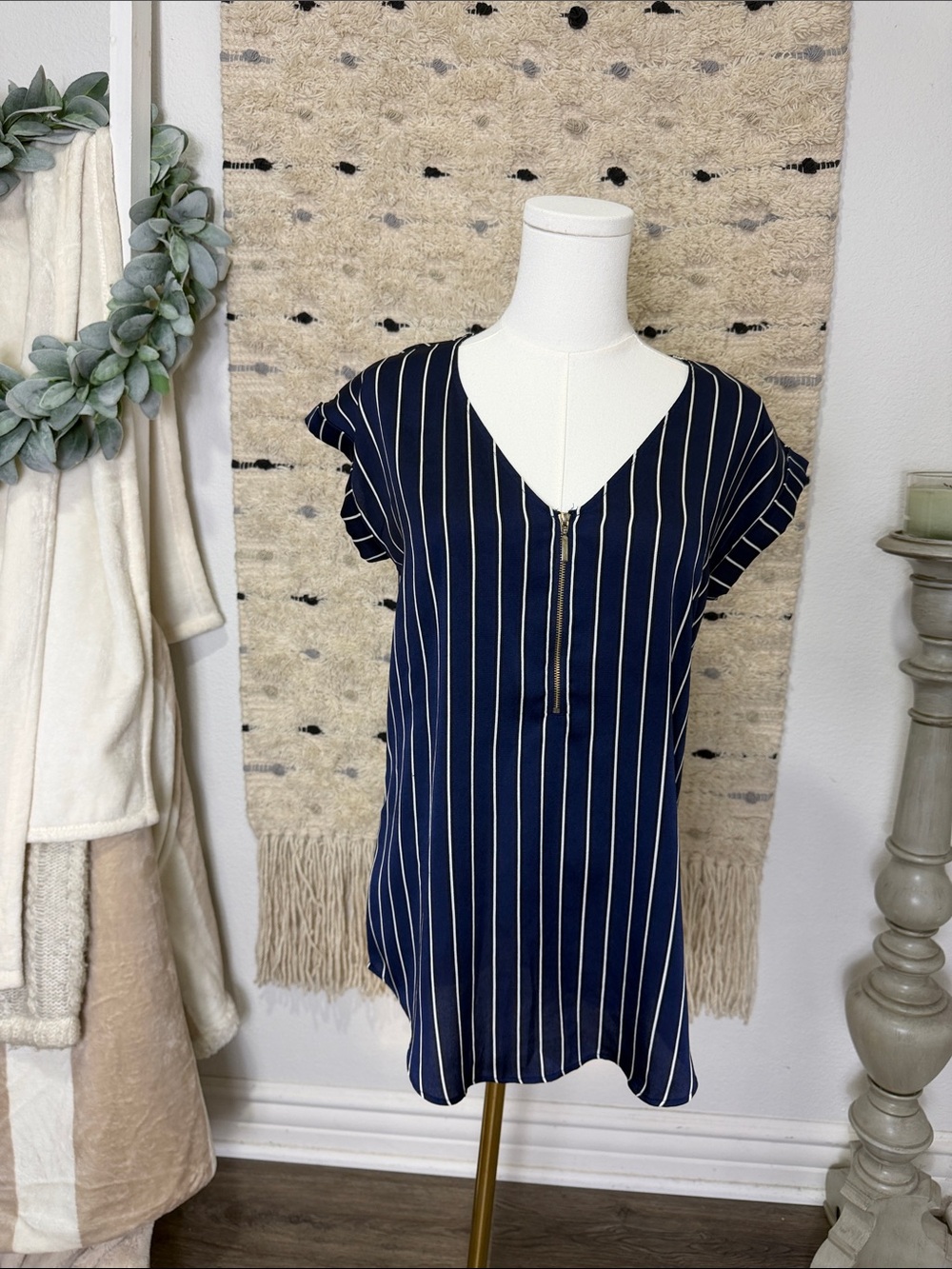 Express Navy and Cream Striped V-Neck Zip Front Top size S